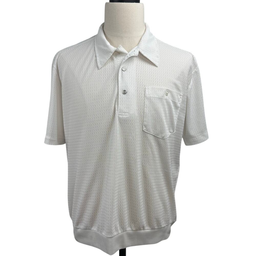 Vintage 80s Haband Mens White Mesh Polo Shirt Banded Hem Chest Pocket